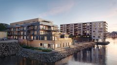 Byggetrinn 2 (nærmest) består av ett‑ til fireromsleiligheter med areal fra 34 til 152 kvadratmeter.