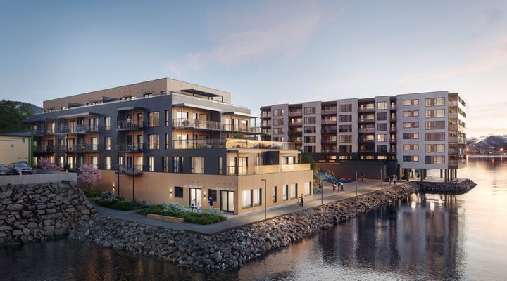 Byggetrinn 2 (nærmest) består av ett‑ til fireromsleiligheter med areal fra 34 til 152 kvadratmeter.