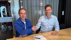 Enige om samarbeid: Emil Andresen Rygh, styringsgruppeleder kunnskapsarenaen og Magnus Taugbøl Brekke, regiondirektør i Peab
