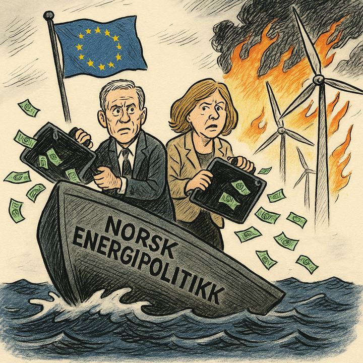 Illustrasjonen fanger det Motvind Norge advarer mot: en energipolitikk på ville veier – hvor norsk natur, industri og råderett ofres for et europeisk kraftmarked uten gjensidighet.