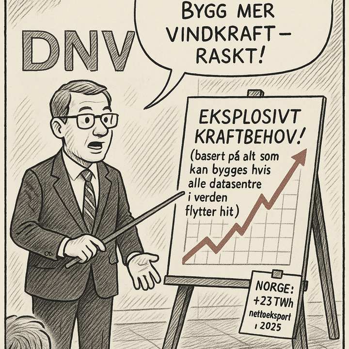Satirisk illustrasjon fra hvordan DNV presenterer et "kommende kraftunderskudd", mens vi eksporterer rekordmye kraft til utlandet..  Dyr og ustabil vindkraft er i følge dem løsningen. Dette er Motvind Norge selvsagt sterkt uenig i.