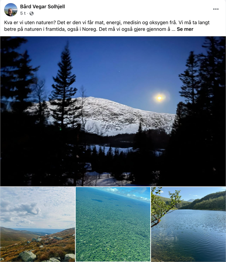 Slik reklamerer leder i Fornybar Norge, Bård Vegar Solhjell, for "Naturkompasset": Med bilder av natur UTEN inngrep. (Skjermdump: Facebook)