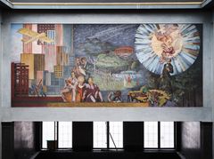 Fresken «Teknikk, Vitenskap, Diktning» i hovedsalen er malt av Axel Revold (1887-1962)