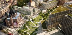 Slik vil Regjeringsparken og området rundt se ut ved ferdigstillelse. Parken blir en grønn, åpen lunge som binder byen sammen. Trefoldighetskirken, Deich og Regjeringskvartalet. Lengst til høyre i bildet sees det nye hotellet Hoxton Oslo som står ferdig i 2027.