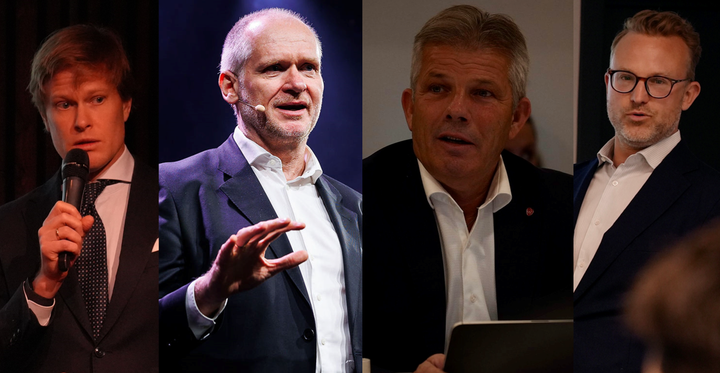 Fra venste: Modell- og analysesjef Anders Lund Francke (Eiendomsverdi AS), admininstrerende direktør Henning Lauridsen (Eiendom Norge), kommunal- og distriksminister Bjørnar Skjæran (Ap) og ordstyrer Erik Lundesgaard (Eiendom Norge).