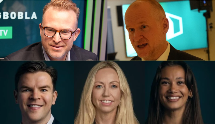 Fra venstre: Sjef for kommunikasjon og politikk Erik Lundesgaard (Eiendom Norge), administrerende direktør Henning Lauridsen (Eiendom Norge), eiendomsmegler og partner Simon Aasen (Eie Bergen), eiendomsmeglerfullmektig og partner Emile Ødegaard (Eie Bergen) og viseadministrerende direktør Stina Bredal-Rørvik (Eie).