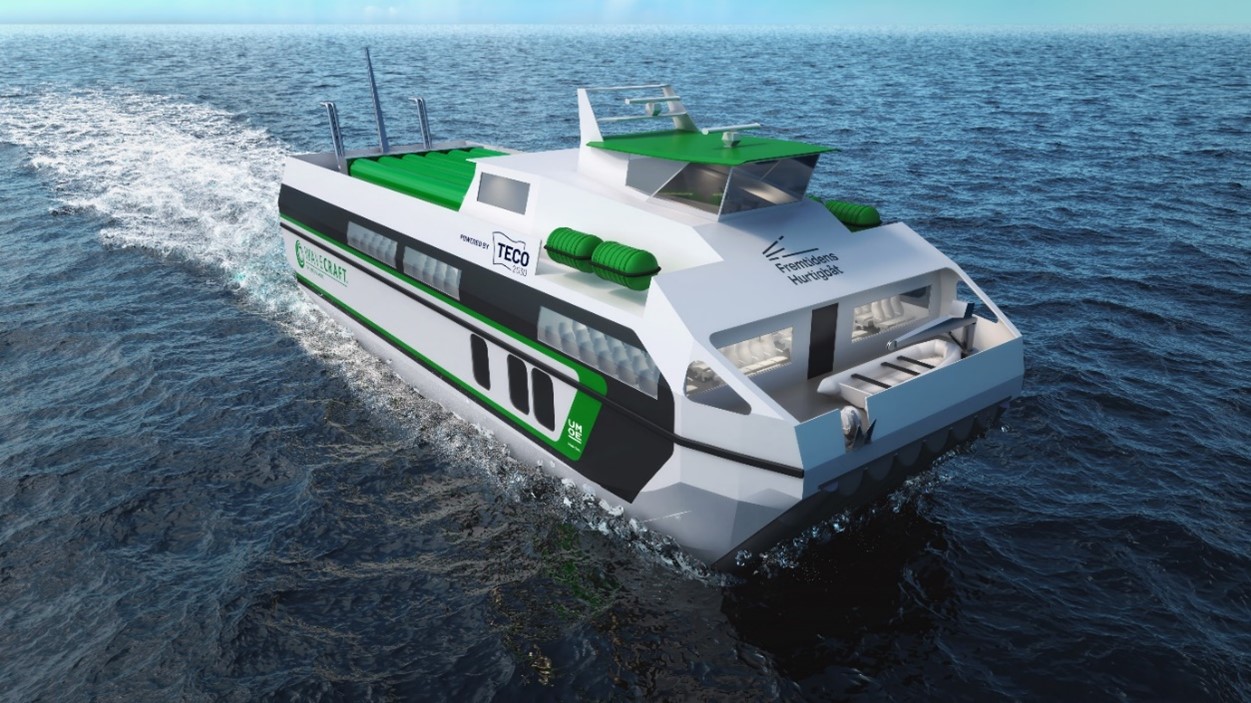 3D Render of the high-speed passenger vessel, designed by Umoe Mandal and powered by TECO 2030.