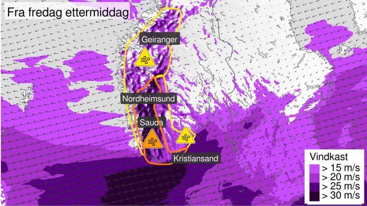 Det er varslet svært kraftige vindkast i Agder og instre strøk av Rogaland og Hordaland. (Grafikk: Meteorologisk institutt)