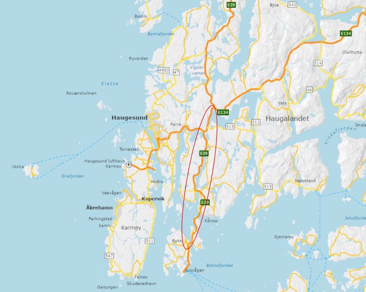 Statens vegvesen ønsker, innan området merkt med raudt, å etablera døgnkvileplass for tungtransporten. Kart: Statens vegvesen