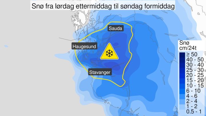 Bildet viser kartutsnintt for området det er sendt ut gult farevaresel for om snø i Rogaland.