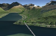Bildet er en illustrasjon av hvordan den nye vegen vil se ut. Bildeteskten sier: Slik vil den nye vegen med bru over Ramfjorden se ut når den står ferdig. Illustrasjon: Statens vegvesen.