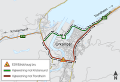 Inntil helstengingen er avsluttet vil trafikken i begge retninger gå via omkjøringsveien (grønn linje i illustrasjonen).