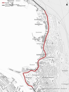 Kartet viser desltrekning 6b og c på Sykkelstamvegen i Bergen som nå skal byggges ut. Strekningen går fra Bradbenken via Sandvikstorget til Glassknag.