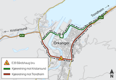 Kart som forklarer trafikkavviklingen som igjen blir innført i løpet av torsdag 21. mars.