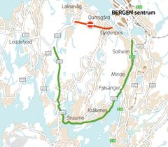 Kartet viser hvor trafikken skal kjøre via E39 Fjøsangerveien – Fv.556 Straumeveien – Fv.574 Bjørgeveien og Fv557 Knappetunnelen.