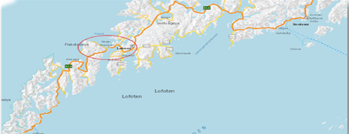 Den undersjøiske E10 Nappstraumtunnelen binder sammen Vestvågøya og Flakstadøya i Lofoten.