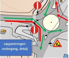 Kart som viser kjøremønster rundkjøring knyttet til arbeidene med Løypestrengen undergang.
