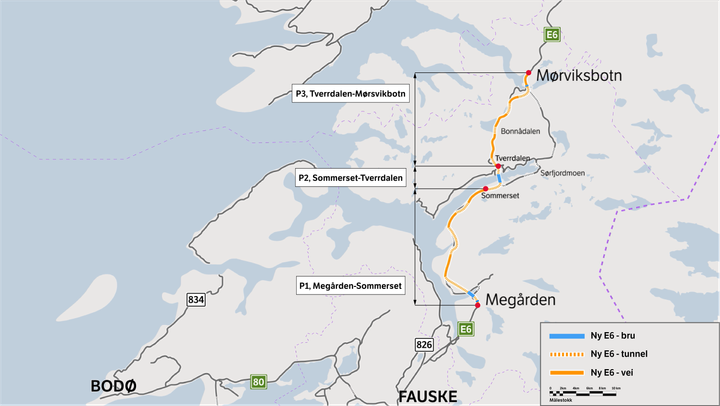 Kartet viser utbyggingsprosjektet E6 Megården-Mørsvikbotn med sine tre byggetrinn. Illustrasjon: Statens vegvesen.