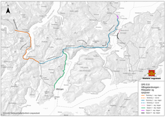 Oversiktskart: OPS-prosjektet E10/rv. 85 Tjeldsund - Gullesfjordbotn - Langvassbukt med riggområder langs traseen som skal bygges.