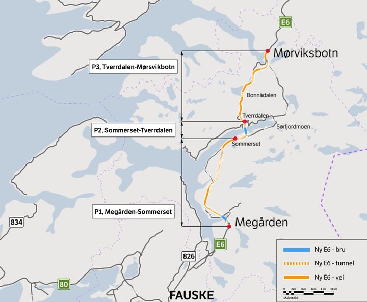 Kart som viser utbyggingsprosjektet E6 Megården-Mørsvikbotn med sine tre byggetrinn.