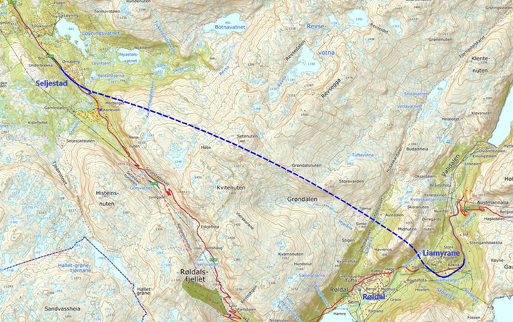 Kartet viser kvar den nye E134 mellom Røldal og Seljestad skal gå.