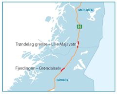 o åpninger tre strekninger: Strekningene som åpnes fredag 18. oktober er markert med rødt. Legg merke til at parsellen i nord egentlig er delt i to. E6 Trøndelag grense-Majahaugen (4,1 km) og E6 Flyum-Lille Majavatn (6,7 km). Forenklet til E6 Trøndelag grense-Lille Majavatn.