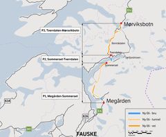 Kart over E6 Megården-Mørsvikbon der prosjektet er delt inn i tre byggetrinn. Megården-Sommerset er byggetrinn 1.