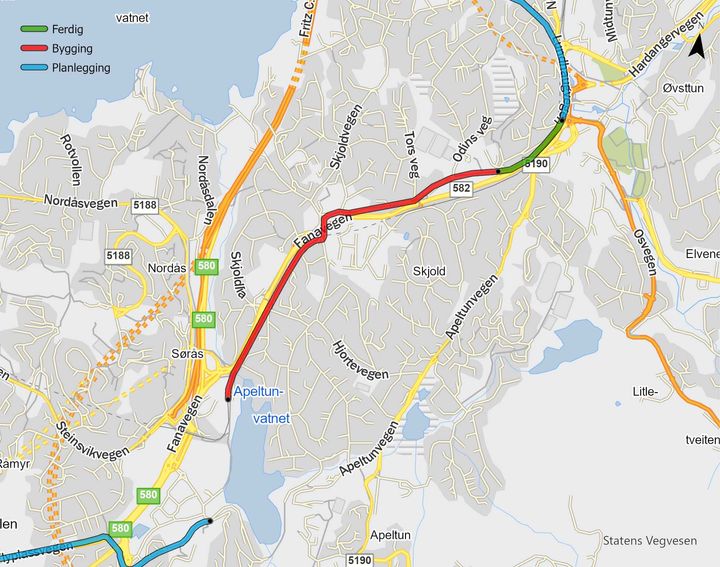 Bildet er av et kart som viser delstrekning 2 på Sykkelstamvegen i Bergen som no skal bli bygd ut. Strekningen er markert med rød farge og går frå Apeltunvannet til Nesttunbrekka.