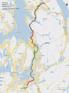 Bildet er en kartillustrasjon av E39 Sykkelstamvegen i Bergen. Kartet viser sykkelvegens strekning frå Flesland i sør til Vågsbotn i nord.