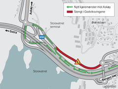 Illustrasjonen viser nytt kjøremønster på Storavatnet for trafikk i retning Askøy. Det eksisterande køyremønsteret mot Askøy vil bli oppretthaldt, men med ein viktig endring: Dagens kollektivfelt blir omgjort til eit avkøyringsfelt mot Askøy og vert kopla på dagens trase for Godviksvingene like før terminalen. Dette køyremønsteret vil vare fram til sommaren 2025.