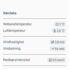 Skjermbilde av værdata fra appen Vegvesen trafikk.