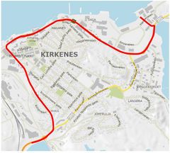 Kart over E6 i Kirkenes sentrum