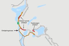 Medan arbeidet med dei to tunnelane Sandfjødd og Byklestigen langs rv. 9 går føre seg, er det omkøyring via Movegen (gamle riksvegen). Trafikken på omkøyringsvegen blir leidd av leiebil.