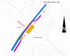 Tegning som viser trafikkomleggingen i fire måneder når E6 gjenåpnes.