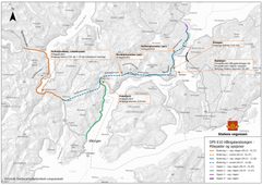 Bildet er et kart over hele utbyggingsprosjektet. Bildeteksten sier, Gullbergtunnelen øst er tunnelløpet som skal gå ut til Tjeldsund bru oppe til høyre i kartillustrasjonen.