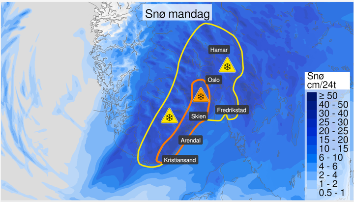 Det er oransje farevarsel for mye snø på Østlandet og deler av Sørlandet.