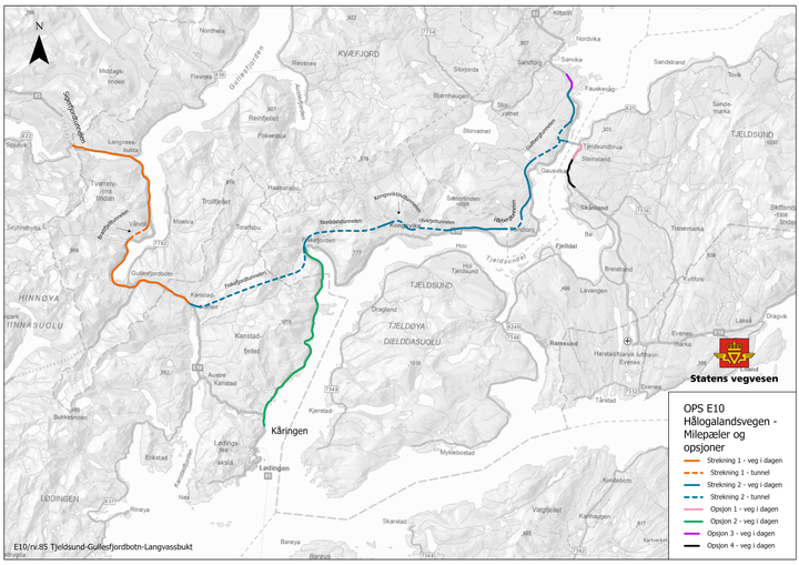 Bildet er et Kart over OPS-prosjektet Hålogalandsvegen. Totalt skal det bygges 82 kilometer ny veg, herunder 27 kilometer gjennom i alt sju tunneler.