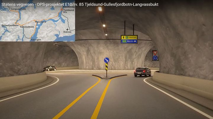 Bildet er en illustrasjon over rundkjøringen i Gullbergtunnelen den ny E10 og ny rv. 83 vil møtes. Bildeteksten sier: Tunnel med rundkjøring: Gullbergtunnelen får tre armer og en rundkjøring.  Slik vil rundkjøringen se ut for trafikken som kommer i fra Lødingen med retning mot Harstad eller Narvik.