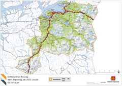 Kart som markerer strekningene i driftskontrakt riksveg 9405 Trøndelag sør 2025-2030.