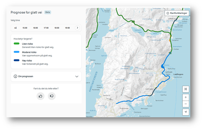 Kartutsnitt som viser veier med forventet føreforhold