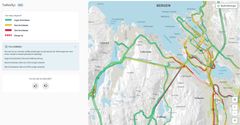 Kart som viser tafikkbelastningen i Bergens sentrum