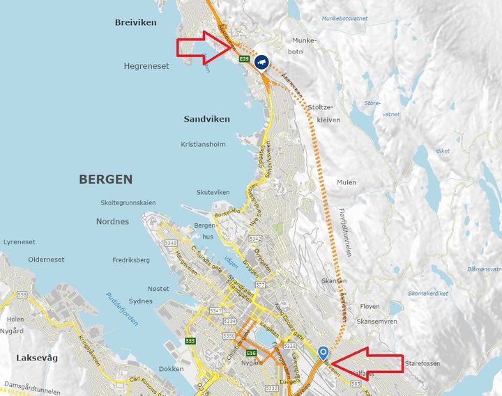 Fløyfjelltunnelen blir stengt på natt, i ett løp om gangen, på natt fram til 16. mai. Kart: Statens vegvesen