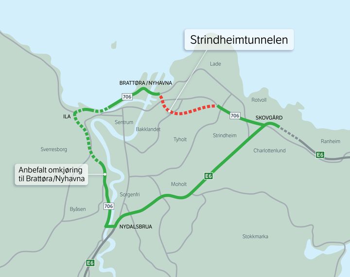 Kart som viser anbefalt omkjøring.