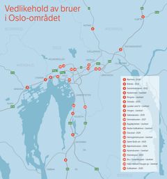 Kartoversikt over bruer i Oslo-området hvor det skal gjøres eller planlegges for større vedlikeholdsoppgaver.