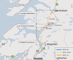 Bildet er et kart over strekningen som skal bygges ut. bildeteksten sier, Del 1: Strekningen Megården-Somerset (P1) er første del av det store prosjektet E6 Megården-Mørsvikbotn. P2 med bru over Sørfjorden og P3 med ny veg igjennom Bonnådalen utgjør byggetrinn to.