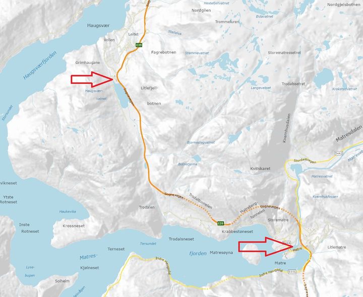 Det blir spesialtransport frå Matre til Haugsvær måndag 26. mai og tysdag 3. juni. Kart: Statens vegvesen