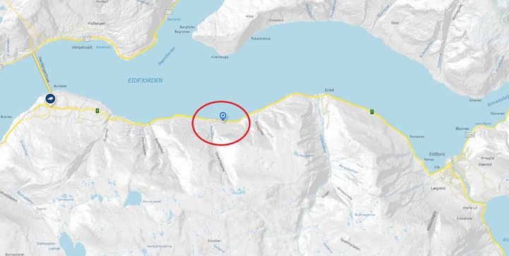 Statens vegvesen sikrar no Pylsur (på kartet ramma inn med raud sirkel) mot skred. Illustrasjon: Statens vegvesen