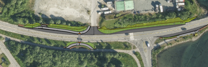 Bildet er en illustrasjon som viser hvordan krysset til båthavna blir seende ut når nye holdeplasser og passeringslomme er på plass. Tiltaket skal bedre trafikksikkerheten og flyten i trafikken på denne delen av E8 i Tromsdalen.
