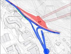 Kart som viser forventet kjøremønster i anleggsperioden. Dagens E39 vil omlegges noe mot vest for å gjøre plass til anleggsområde der de nye tunnelrampene vil komme ut (markert i rødt)