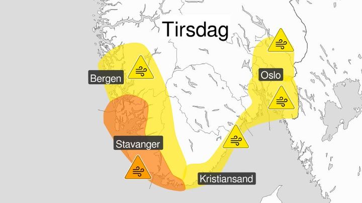 Dei kraftigaste vindkasta er venta i det oransje området.